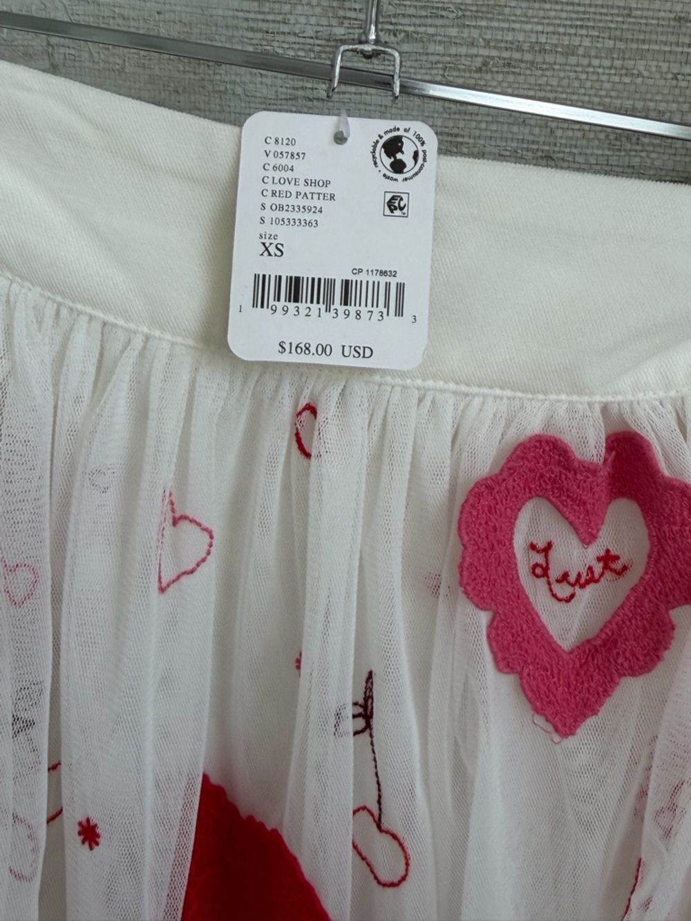 NWT XS free people sketchbook skirt White Tulle Pink red Hearts love embroidered - Picture 5 of 17